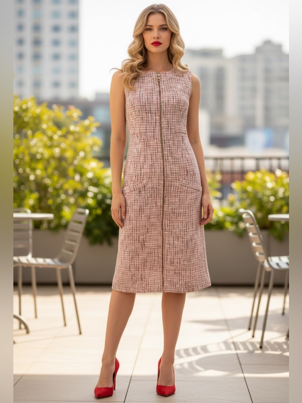 CHANEL Blush Pink Tweed Midi Dress with Front And Back Zip - Picture 13 of 13